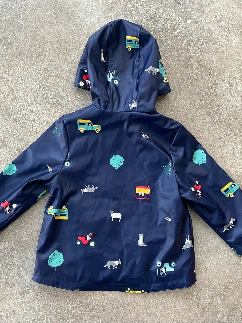 Joules Navy Rain Jacket with Colorful Vehicle Print